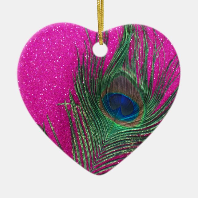 Glittery Pink Peacock Feather Keramikornament (Vorne)