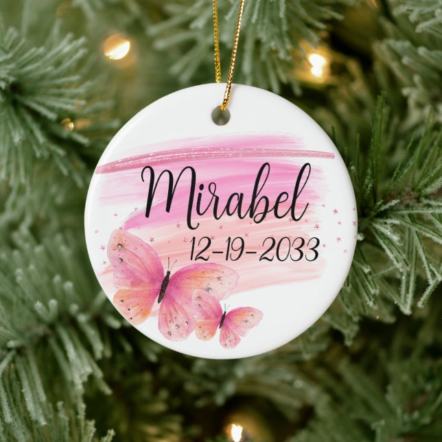 Glittery Pink Rose Butterfly Personalisiert Keramik Ornament (Baum)