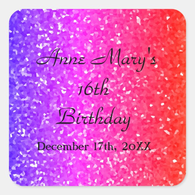 Glittery Pink Sparkle Individuelle Name 16. Geburt Quadratischer Aufkleber (Vorderseite)