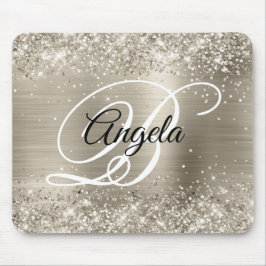 Glittery Platinum Brushed Foil Monogram Mousepad