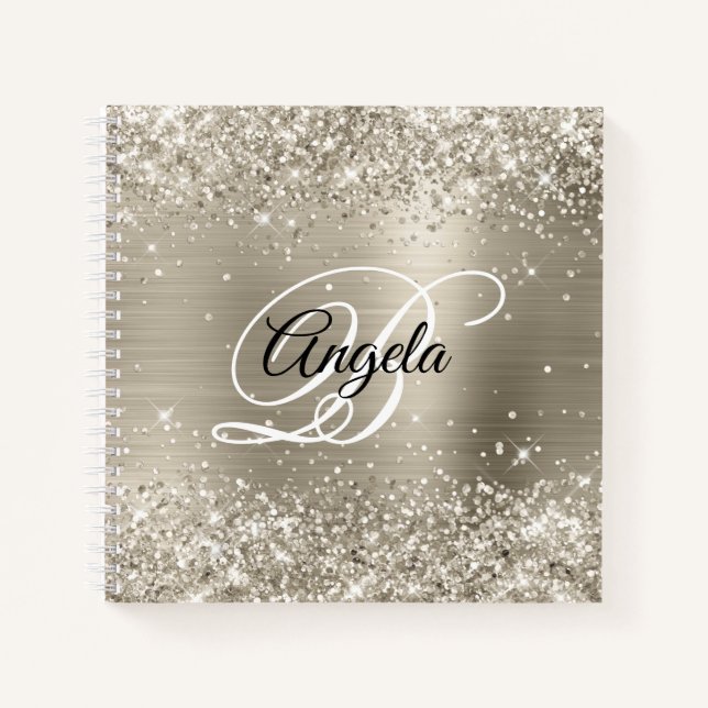 Glittery Platinum Brushed Foil Monogram Notizbuch (Vorderseite)