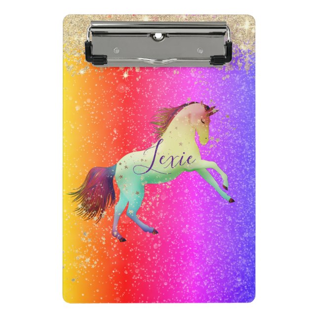 Glittery Rainbow Unicorn Mini Klemmbrett (Vorderseite)