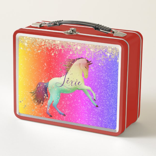 Glittery Rainbow Unicorn Personalisiert Metall Brotdose (Vorderseite)