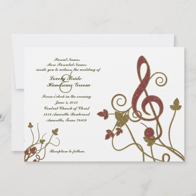 Glittery Red Gold White Music Hochzeit Einladung (Vorderseite)