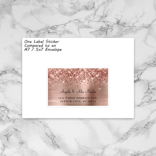 Glittery Rose Gold 15 Mariage Étiquettes de adress (Sample Sticker from Sheet against 5x7 Envelope)