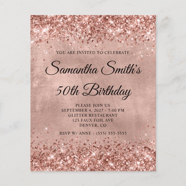 Glittery Rose Gold 50. Geburtstag Monogram Einladu Flyer (Vorne)