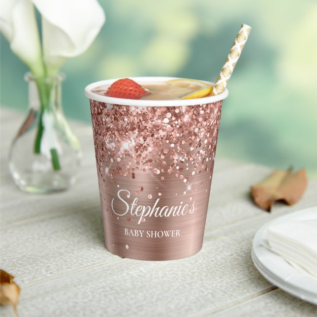 Glittery Rose Gold Baby Dusche Pappbecher (In Situ)