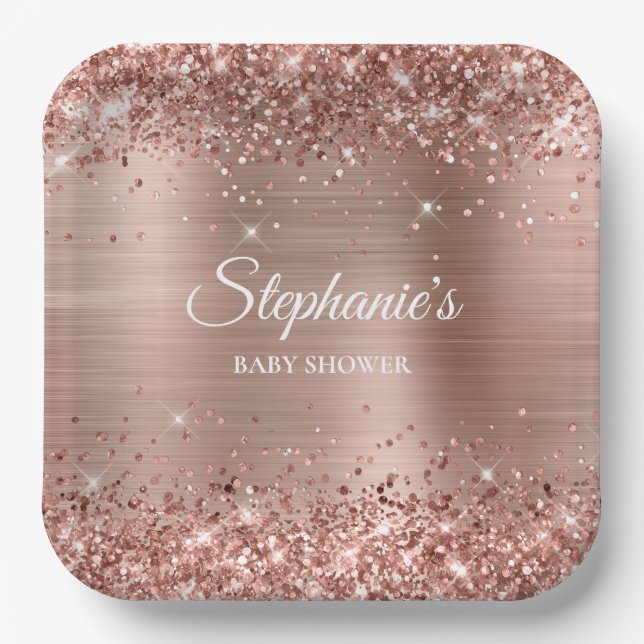 Glittery Rose Gold Baby Dusche Pappteller (Vorderseite)