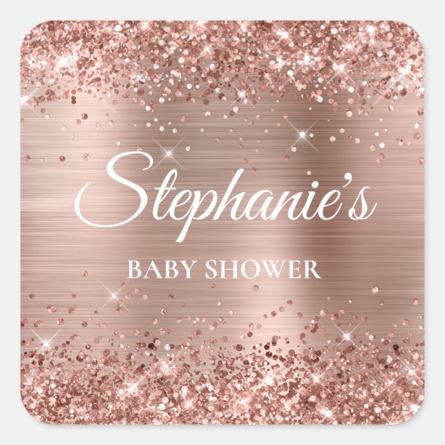 Glittery Rose Gold Baby Dusche Quadratischer Aufkleber (Vorderseite)