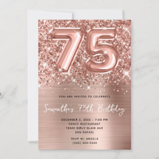 Glittery Rose Gold Ballon Glam 75. Geburtstag Einladung