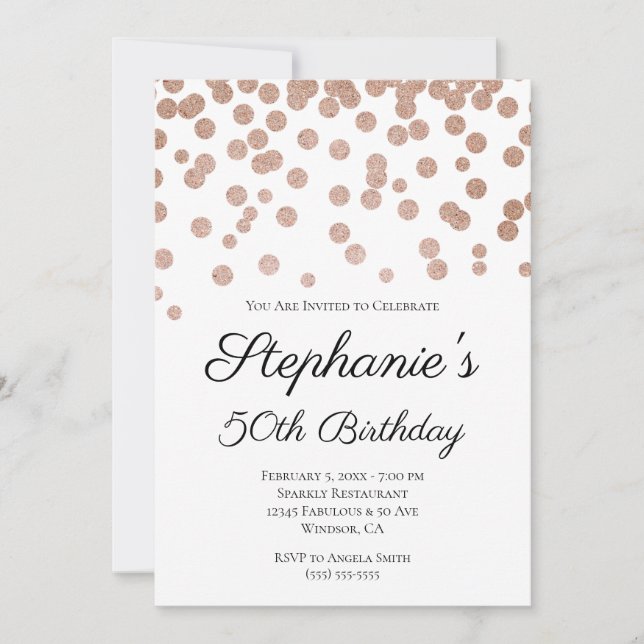 Glittery Rose Gold Confetti Elegant 50. Geburtstag Einladung (Vorderseite)