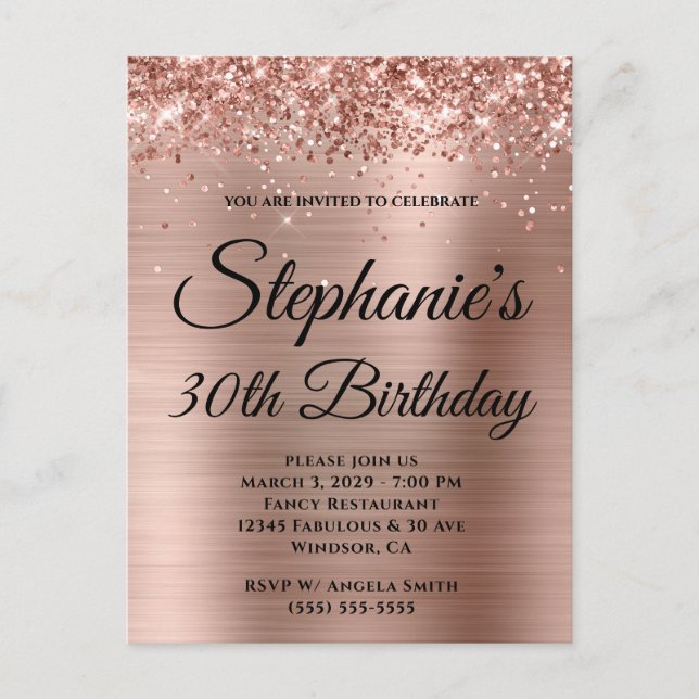 Glittery Rose Gold Extravagant Monogram 30. Geburt Einladungspostkarte (Vorderseite)