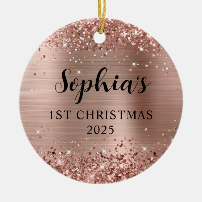 Glittery Rose Gold Foil 1st Christmas Photo Keramik Ornament (Vorne)