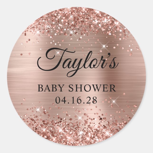 Glittery Rose Gold Foil Babydusche Runder Aufkleber (Vorderseite)