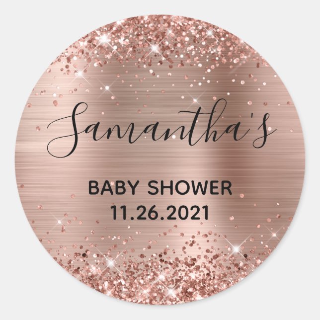 Glittery Rose Gold Foil Babydusche Runder Aufkleber (Vorderseite)