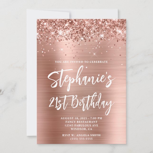 Glittery Rose Gold Foil Bold 21. Geburtstag Einladung (Vorderseite)