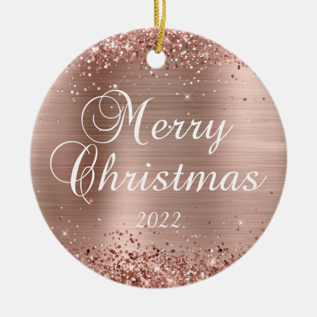 Glittery Rose Gold Foil Frohe Weihnachten Foto Keramik Ornament (Vorne)