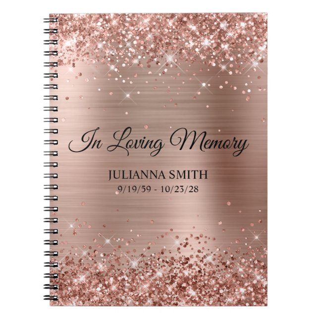 Glittery Rose Gold Foil Memorial Service Gästebuch Notizblock (Vorderseite)