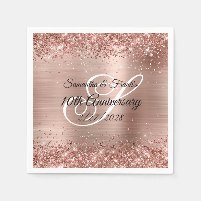 Glittery Rose Gold Foil Monogram 10 Jahre Serviette (Vorderseite)