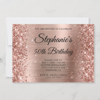 Glittery Rose Gold Foil Monogram 50. Geburtstag Einladung