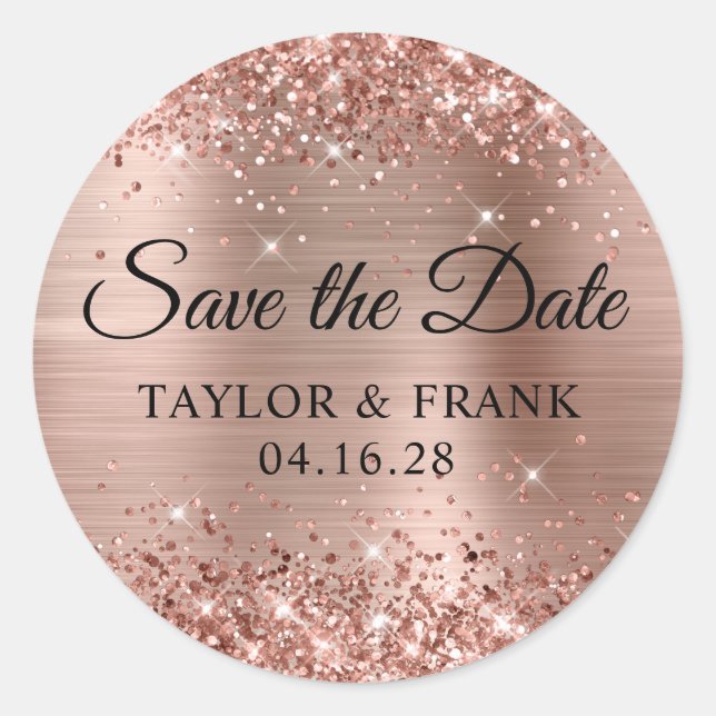 Glittery Rose Gold Foil Wedding Save the Date Runder Aufkleber (Vorderseite)
