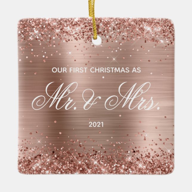 Glittery Rose Gold Fossil Unser erstes Weihnachtsf Keramikornament (Vorderseite)