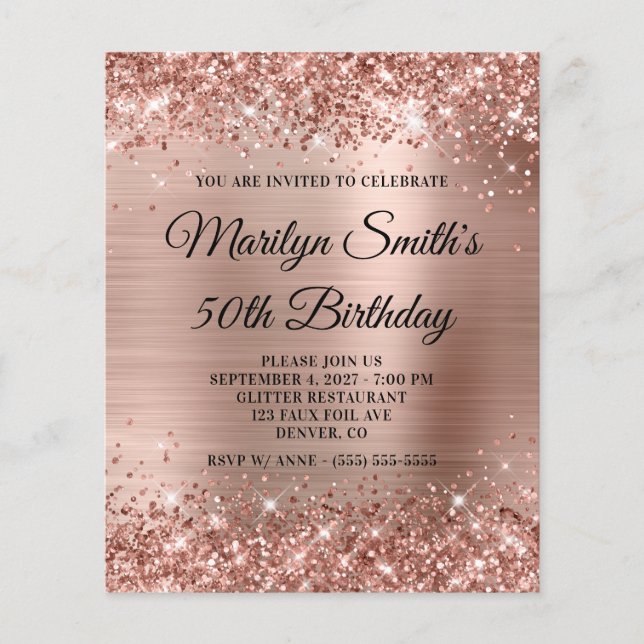 Glittery Rose Gold Glam 50. Geburtstag Einladung (Vorderseite)