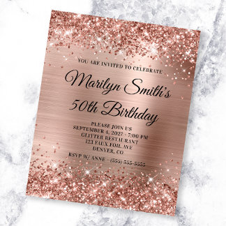 Glittery Rose Gold Glam 50. Geburtstag Einladung Flyer