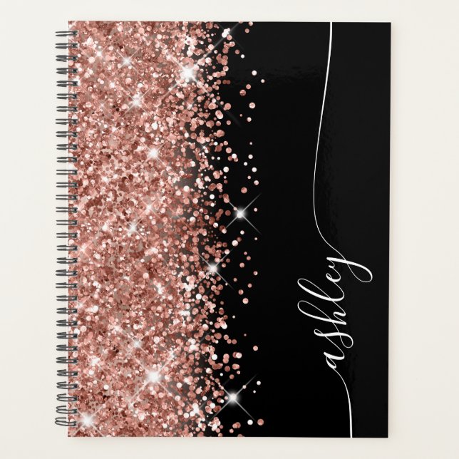 Glittery Rose Gold Glam Black Elegantes Script Planer (Vorderseite)