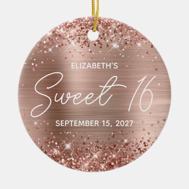 Glittery Rose Gold Glam Moderne Süße 16 Foto Keramik Ornament (Vorne)