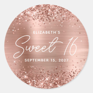 Glittery Rose Gold Glam Modernes Script Sweet 16 Runder Aufkleber