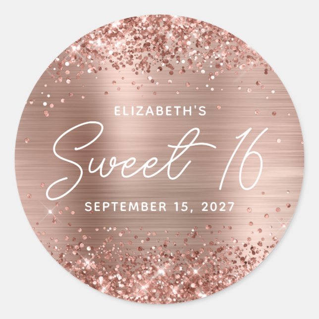 Glittery Rose Gold Glam Modernes Script Sweet 16 Runder Aufkleber (Vorderseite)