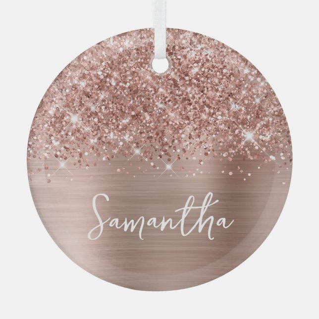 Glittery Rose Gold Glam Name Ornament Aus Glas (Vorderseite)
