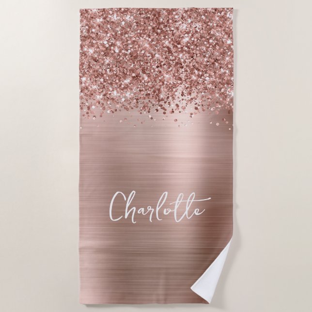 Glittery Rose Gold Glam Name Strandtuch (Vorderseite)