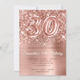 Glittery Rose Gold Glam Nummer 30. Geburtstag Einladung