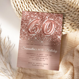 Glittery Rose Gold Glam Nummer 60. Geburtstag Einladung