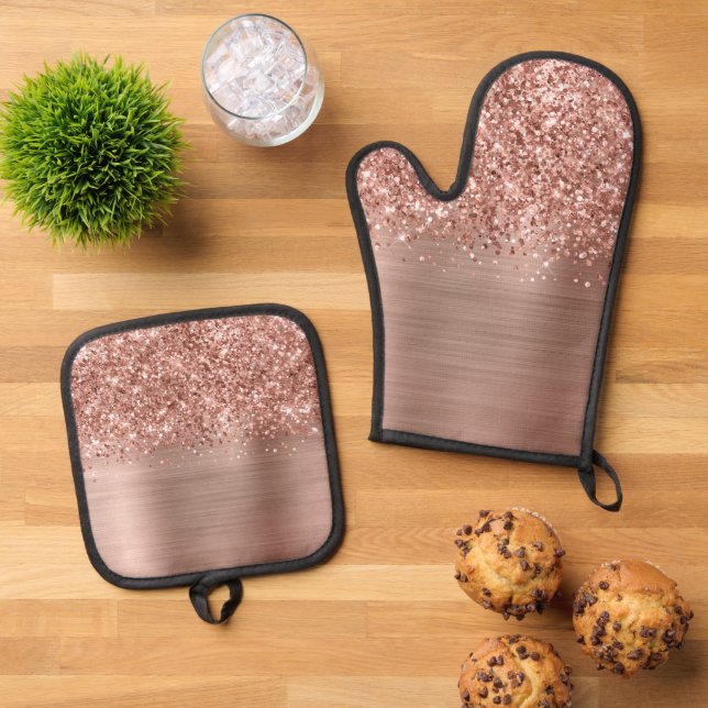 Glittery Rose Gold Glam Ofenhandschuh & Topflappen-Set (Oben Unten)