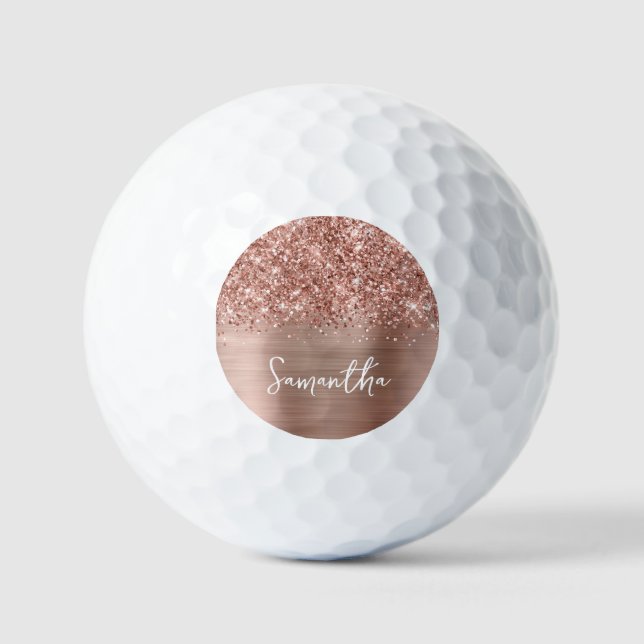 Glittery Rose Gold Glam Script Name Golfball (Vorderseite)
