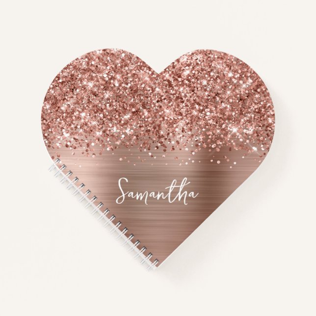 Glittery Rose Gold Glam Script Name Notizbuch (Vorderseite)