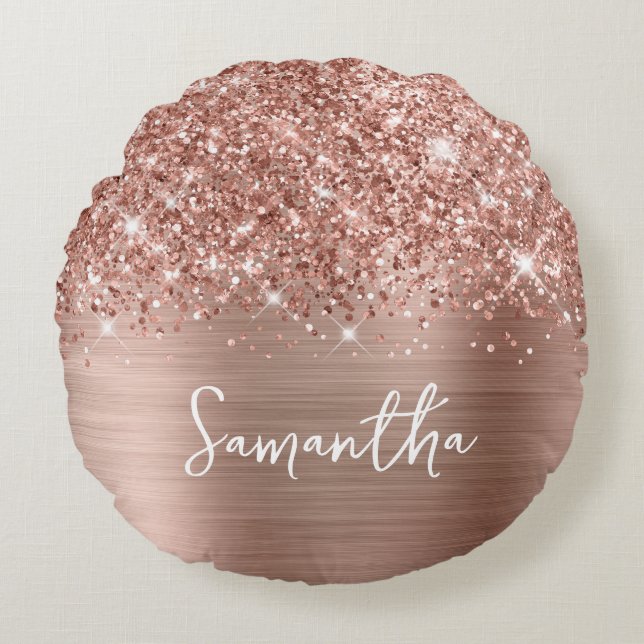 Glittery Rose Gold Glam Script Name Rundes Kissen (Vorderseite)