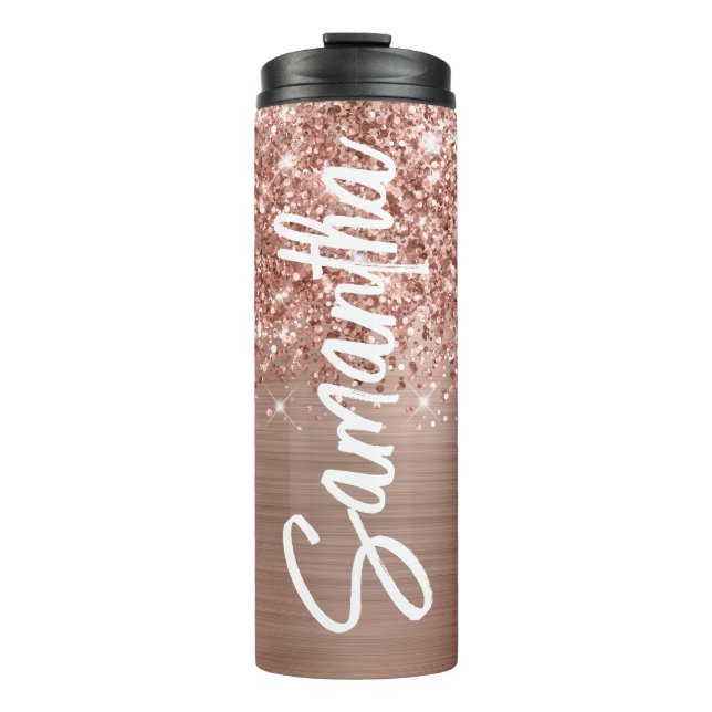 Glittery Rose Gold Glam Vertikaler Name Personalis Thermosbecher (Vorderseite)