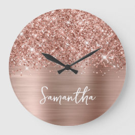 Glittery Rose Gold Glam Weißer Skriptname Große Wanduhr