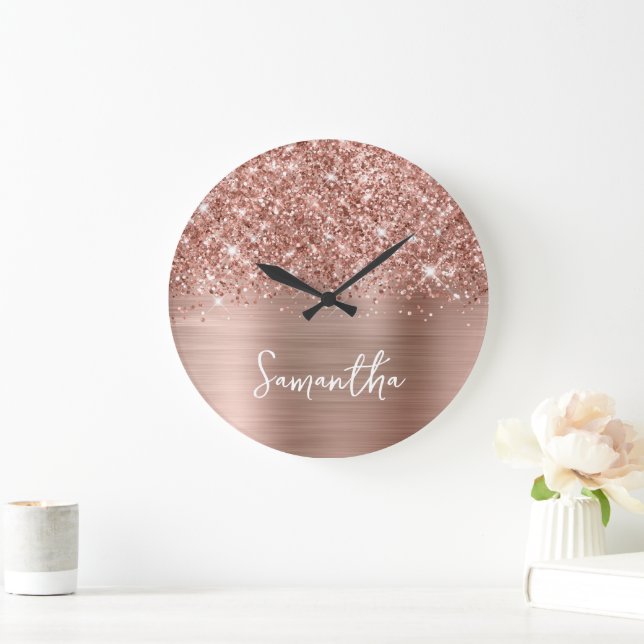 Glittery Rose Gold Glam Weißer Skriptname Große Wanduhr (Zuhause)