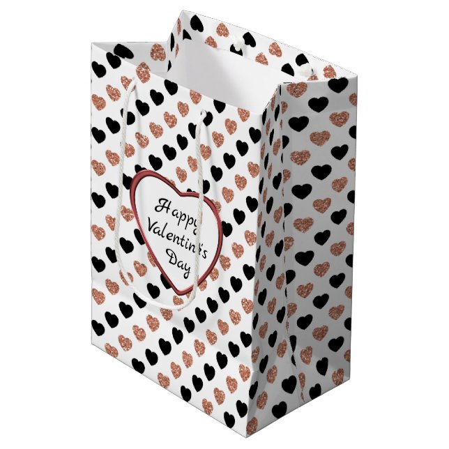 Glittery Rose Gold Herzstück Valentine Mittlere Geschenktüte (Vorderseite Schrägansicht)