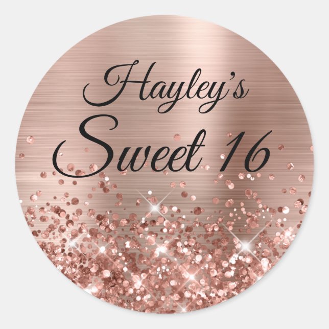 Glittery Rose Gold Imitats Foil Sweet 16 Runder Aufkleber (Vorderseite)