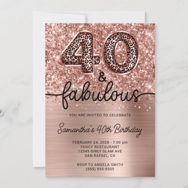 Glittery Rose Gold Leopard 40 und fabelhaft Einladung (Vorderseite)