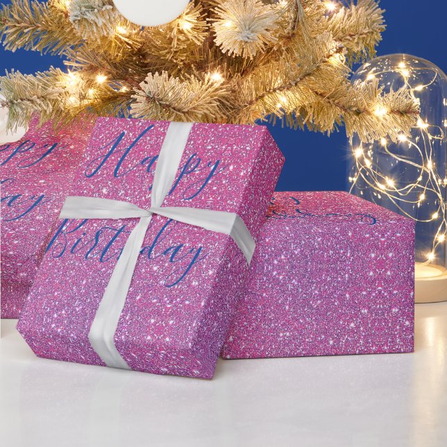 Glittery Rose Gold Pink Blue Ombre Happy Birthday Geschenkpapier (Feiertage)