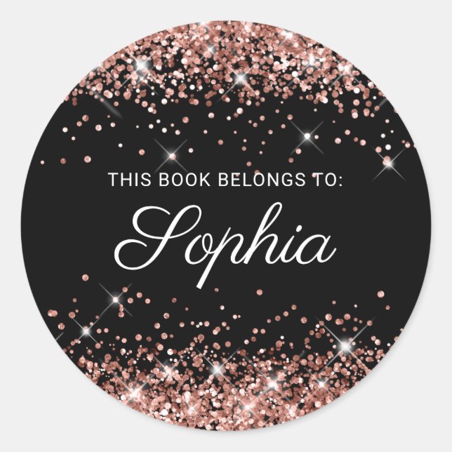 Glittery Rose Gold Schwarz Elegantes Kalligrafisch Runder Aufkleber (Vorderseite)