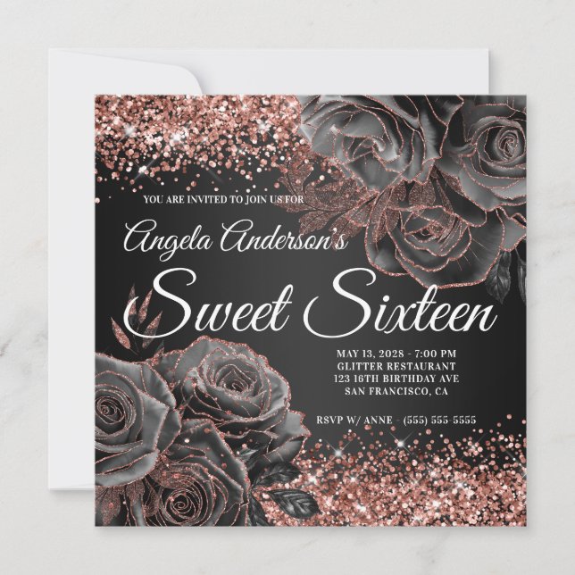 Glittery Rose Gold Schwarzer Blumenglam 16 . Gebur Einladung (Vorderseite)
