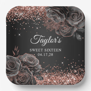 Glittery Rose Gold Schwarzer Blumenglam 16 . Gebur Pappteller
